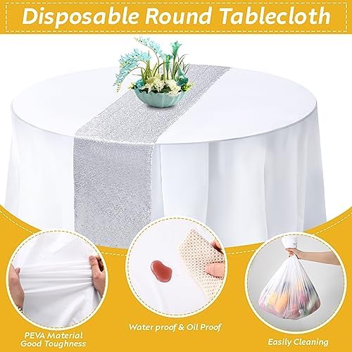 Newwiee 12 Pack Round Plastic Tablecloth Sequin Runner Set, Silver, White - Image 4