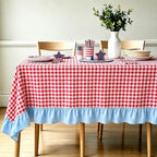 JarThenaAMCS Red Plaid Gingham Blue Ruffled Tablecloth 60 x 120 Inch Rectangular Cotton Farmhouse Table Cover for Birthday Baby Shower Independence Day Party Kitchen Outdoor Picnic by JarThenaAMCS