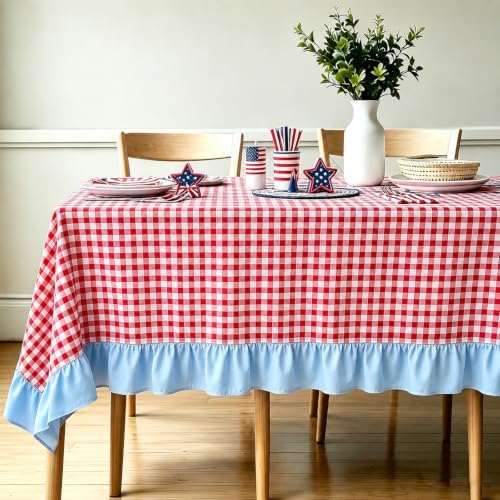 JarThenaAMCS Red Plaid Gingham Blue Ruffled Tablecloth 60 x 120 Inch Rectangular Cotton Farmhouse Table Cover for Birthday Baby Shower Independence Day Party Kitchen Outdoor Picnic by JarThenaAMCS