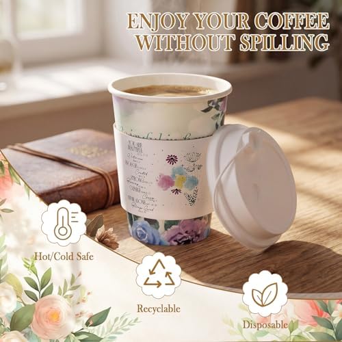 Remerry 100 Pcs 12oz Floral Disposable Coffee Cups with Lids and Sleeves Paper Insulated Drink Hot Coffee Paper Cups with Dome Lids and Sleeves for Party Wedding Birthday Baby Shower (Creative) - Image 2