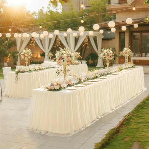 2 Pack 8ft Champagne Tulle Tablecloths for Rectangle Tables, 8 Foot Champagne Rectangular Table Cloth, Wrinkle Free Table Cover with Tutu Skirt for Wedding Birthday Party Banquet Buffet Bridal Shower - Image 4