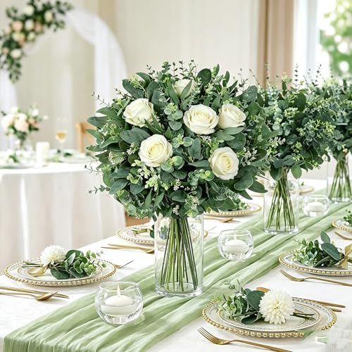 HUAHUA Mixed Artificial Eucalyptus Leaves Stems Bulk,Fake Greenery Plants Faux Silver Dollar Eucalyptus Leaves for DIY Bouquets Centerpiece Floral Arrangement Home Wedding Decor (140, Green) - Image 6