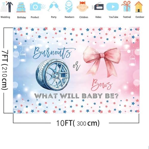 MEHOFOND 10x7ft Burnouts or Bows Gender Reveal Backdrop Boy or Girl What Will Baby Be Photography Background Pink and Blue Stars Gender Reveal Baby Shower Party Decorations Banner Photo Booth Props - Image 4