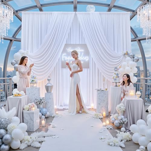 50ft x 12ft Wrinkle Free White Backdrop Curtains for Parties, 10 Panels 12FT Long Silky Polyester Photo Backdrop Drapes Back Drop Cloth for Wedding Birthday Photography Background Decor - Image 3