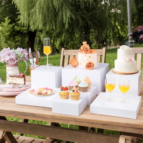 7 Pcs Acrylic Buffet Risers Set – Square Display Stands 6.8" to 12", Clear Cube Boxes for Cakes, Desserts, Jewelry & Party Decor, Hollow-Bottom Storage & Display Riser, Stackable Nestable Design (White) - Image 3