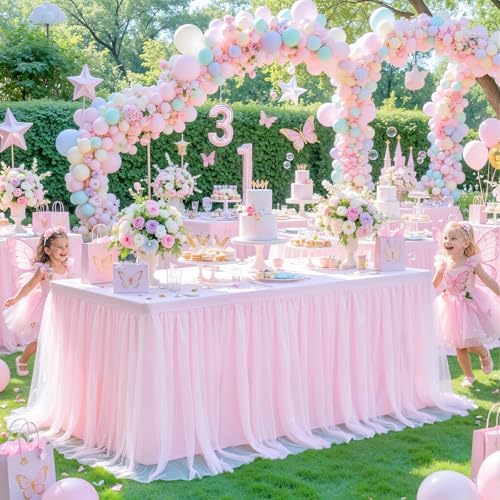 2 Pack Pink Table Cloth for 6 Foot Rectangle Tables, Pink Stretch Fitted Tulle Table Covers Skirt, Rectangular Ruffle Tutu Tablecloth Wedding Banquet Baby Shower Cake Tablecloths Decorations - Image 2