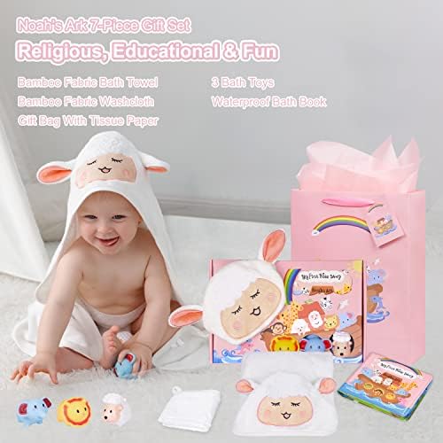 MyMateZoe My First Noahs Ark 7 pcs Baptism Gift Set, Dedication, Christening and Baptism Gifts for Girl and Newborn Baby, Includes Washcloth and Hooded Towel,Baby Bath Book, 3 Bath Toys and Gift Bag - Image 2