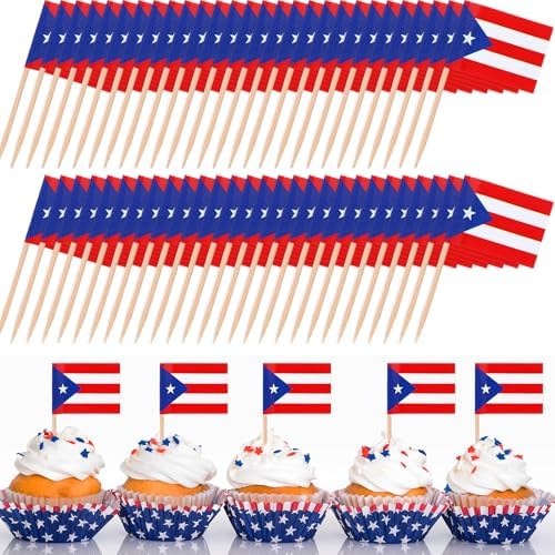 Meanplan 2000 Pcs Puerto Rico Toothpick Flags, Puerto Rican Flag Toothpicks, Cupcake Toppers, Mini Stick Decorations Food Picks for Country Party Birthday Cocktail Ice Cream Cake by Meanplan