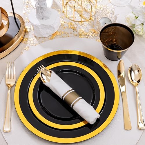 YOUBET 350PCS Black and Gold Plastic Plates for Party Wedding - Image 2