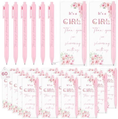 60 Sets It's a Girl Pens for Guests Girl Party Favors Retractable Ballpoint Pen with Bookmarks Black Ink Gender Reveal Souvenirs Prizes Supplies by Stuffygreenus