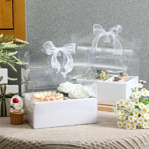 Honeydak 10 Pcs Cake and Flower Clear Boxes with Handle Ribbon Cajas Para Arreglos Florales Portable Transparent Gift Packaging for Holiday Wedding Birthday Party Supplies(Regular,4 Inch,White) by Honeydak