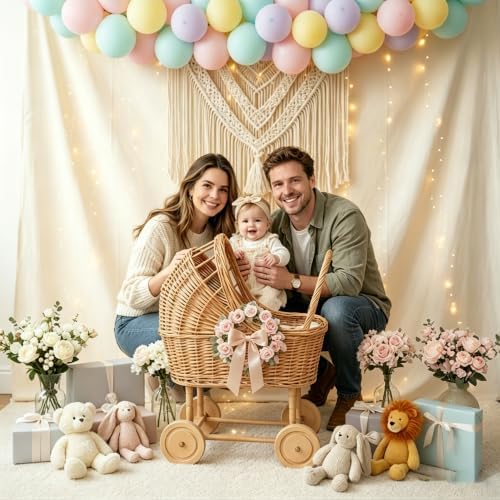 Vintage Wicker Stroller-Style Flower Basket with Wheels, for Wedding Party - Image 5