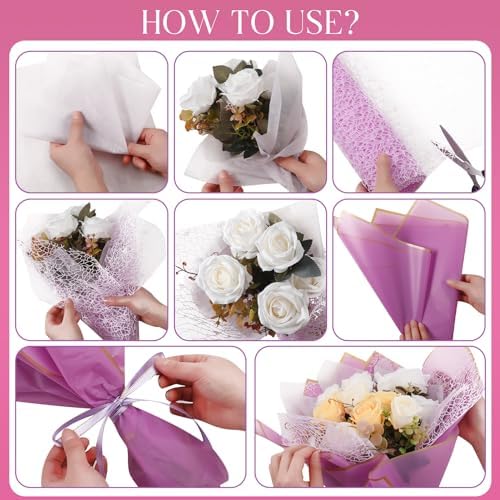 Qilery 334 Pcs Flower Wrapping Paper Set,153 Waterproof Floral Bouquet Wrapping Paper,72 3D Gold Butterfly Decoration,100 Pins, 6 Crowns and 3 Ribbons for DIY Craft(Adorable Color) - Image 3