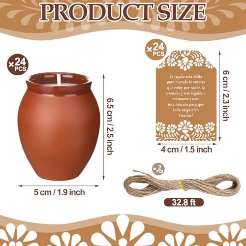 Conelist 24 Set Cielito Lindo Party Decorations Baby Shower Candles Terracotta Mexican Recuerdos DIY Jar Candles with Gift Tags and Rope for Baby Shower Birthday Cinco De Mayo Fiesta (Brown) - Image 2