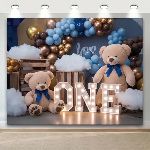 Happy 1st Birthday Backdrop Hot Air Balloon Bear Baby Shower Photography Background Newborn Baby Shower First Birthday Banner Baby Boys One 1st Birthday Party Decorations Supplies(D, 8x6feet) - Image 2
