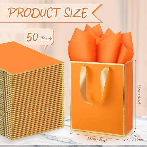 Yeaqee 50 Pcs Metallic Paepr Gift Bags Bulk with Handles,Orange - Image 2
