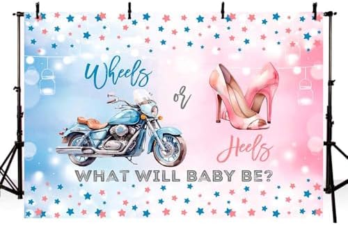 MEHOFOND 8x6ft Wheels or Heels Gender Reveal Backdrop Boy or Girl What Will Baby Be Decorations Banner Motorcycle and High Heels Gender Reveal Baby Shower Photography Background Cake Table Supplies - Image 3