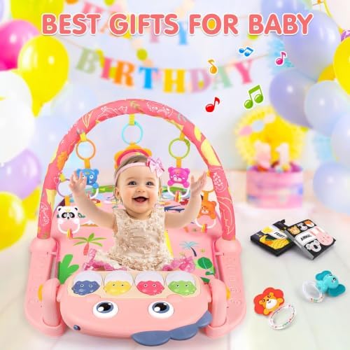 UMIKU Baby Play Mat Tummy Time Mat Girl High-Contrast Cloth Pink Dinosaur - Image 7