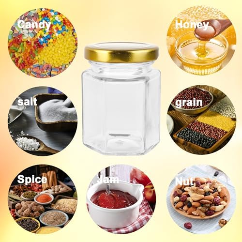 GIVAMEIHF Small Glass Honey Jars with Lids 3oz,40 pack Airtight Canning Jars with Gold Lids,Hexagon Glass Jars for Spice,Jam,Foods,Liquid,Baby Shower Favors,Wedding Favors,40 Labels - Image 5