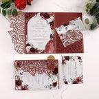 50pcs Tri Fold Wedding invitations Rose Hollow Laser Cut 5x7 '' Burgundy - Image 3