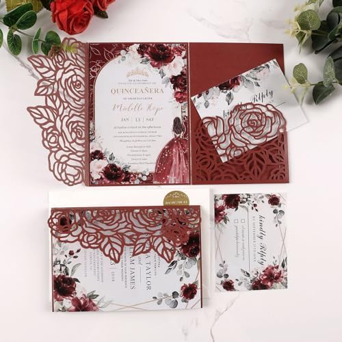 50pcs Tri Fold Wedding invitations Rose Hollow Laser Cut 5x7 '' Burgundy - Image 3