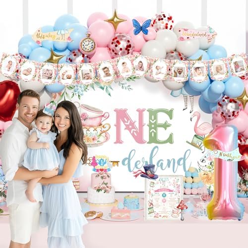 Party Inspo Wonderland 1st Birthday Girl, 145 PCs – Fairy Onederland First Birthday Party Supplies with Tea Party Backdrop, Balloon Garland, Cake Topper, Hanging Arrow Signs - Image 6