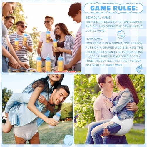 8 Sets Bottle Chug Baby Shower Games Juegos Para Plastic Baby Bottles Bibs Disposable Diapers Gender Reveal Games Baby Changing Diaper Race Game Decoration (Blue) - Image 6