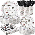 Ziliny 350 Pcs Fishing Party Supplies Tableware Set Disposable 9'' 7'' Paper Plates 9 oz Cups Cutlery Napkins Dinnerware Set for 1st Birthday, Serve 50 (Fishing Birthday, White, Red) by Ziliny
