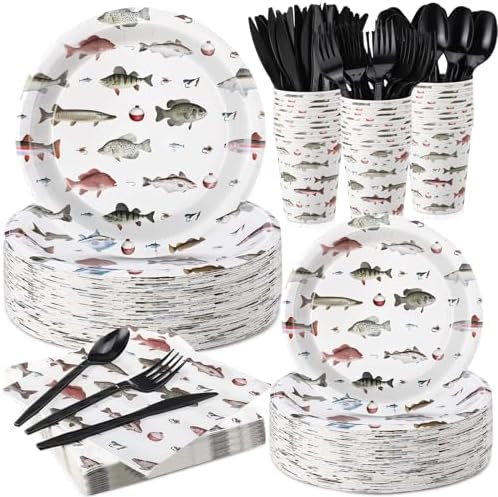 Ziliny 350 Pcs Fishing Party Supplies Tableware Set Disposable 9'' 7'' Paper Plates 9 oz Cups Cutlery Napkins Dinnerware Set for 1st Birthday, Serve 50 (Fishing Birthday, White, Red) by Ziliny