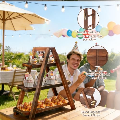 Wooden Cupcake Stand, 3 Tier Dessert Display Serving Tray with Swing and Flower Decoration, Foldable Tiered Ladders Stand for Party, Birthday, Wedding, Baby Shower, Table Food Display for Fruit Bread - Image 4