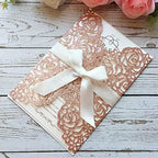 50PCS 5.12 x 7.28'' Personalized Laser Cut Hollow Rose Flower Wedding Invitations with Envelopes & Bowknot Invitation for Wedding Quinceanera Invite (Rose Gold Glitter) - Image 2