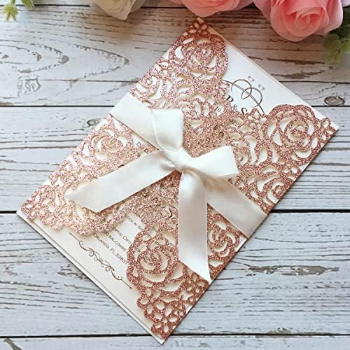 50PCS 5.12 x 7.28'' Personalized Laser Cut Hollow Rose Flower Wedding Invitations with Envelopes & Bowknot Invitation for Wedding Quinceanera Invite (Rose Gold Glitter) - Image 2