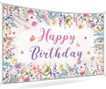 Floral Happy Birthday Backdrop Banner Size 10x8 Ft Watercolor Wildflower & Glitter Design Durable Polyester Photo Booth Background for Women's Birthday & Bridal Shower Decorations Supplies by Unknown