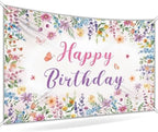 Floral Happy Birthday Backdrop Banner Size 10x8 Ft Watercolor Wildflower & Glitter Design Durable Polyester Photo Booth Background for Women's Birthday & Bridal Shower Decorations Supplies by Unknown
