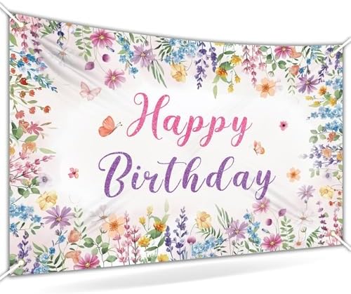 Floral Happy Birthday Backdrop Banner Size 10x8 Ft Watercolor Wildflower & Glitter Design Durable Polyester Photo Booth Background for Women's Birthday & Bridal Shower Decorations Supplies by Unknown