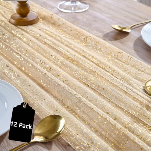 12PC Gold Gauze Table Runner 120 Inch 10FT Dining Wedding Baby Shower Holiday Birthday Sparkly Sheer Tulle Table Décor by YARGEZON