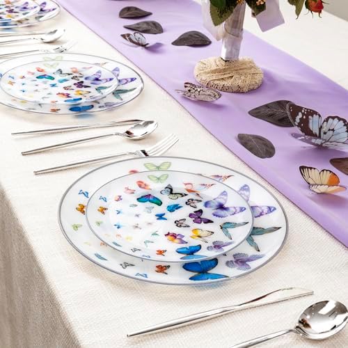 LIYH Silver Rim White 60 Pcs Heavy Duty Plastic Butterfly Plates Wedding - Image 5