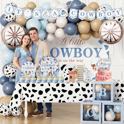 Cowboy Baby Shower Decorations Boy, 274pcs All-in- One Western Baby Shower Decor Pack Plates Tablecloth Cake Topper Balloon Banner, A Little Cowboy is on the Way Backdrop for Babyshower Boy - Image 7