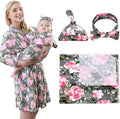 4 Pack Maternity Robe and Matching Baby Swaddle Blanket with Hat Headband Set, Stretchy Knitted Delivery Nursing Dress with Pockets and Receiving Blanket for Mummy and Baby (Grey Flower) by Miracle+Baby