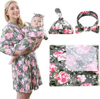 4 Pack Maternity Robe and Matching Baby Swaddle Blanket with Hat Headband Set, Stretchy Knitted Delivery Nursing Dress with Pockets and Receiving Blanket for Mummy and Baby (Grey Flower) by Miracle+Baby