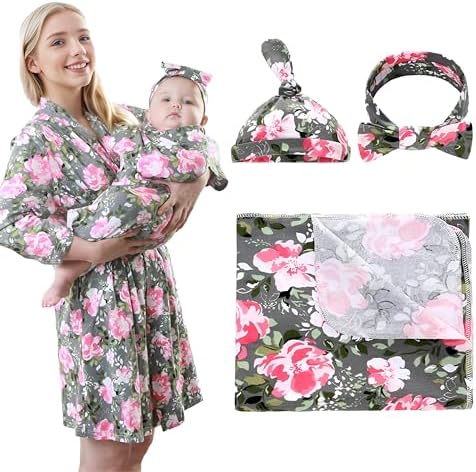 4 Pack Maternity Robe and Matching Baby Swaddle Blanket with Hat Headband Set, Stretchy Knitted Delivery Nursing Dress with Pockets and Receiving Blanket for Mummy and Baby (Grey Flower) by Miracle+Baby