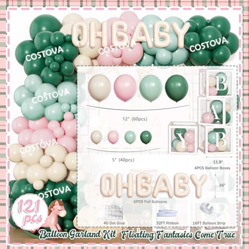 Costova Bear Baby Shower Decorations for Boys, Teddy Bear Plaid Party Supplies with Balloon Boxes, Pink Green and White Balloon Garland Arch Kit, We Can Bearly Wait Backdrop OH BABY Foil Balloons - Image 3