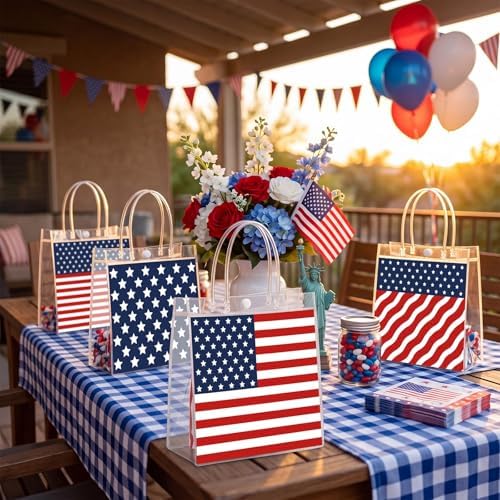 Canchiing 50 Pcs Patriotic Clear Gift Bags Labor Day Gift Bag with Handles - Image 5
