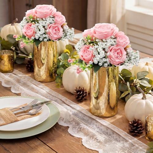 Suncalla 6 Sets Gold Cylinder Vases Artificial Peony Candle Holders, Pink - Image 5