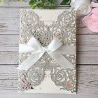 50PCS 5.12 x 7.28'' Personalized Laser Cut Wedding Invitations Cards with Envelopes Hollow Rose Pocket with Bowknot Invitation for Wedding Bridal Shower Invite (Silver Glitter) - Image 3