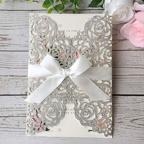50PCS 5.12 x 7.28'' Personalized Laser Cut Wedding Invitations Cards with Envelopes Hollow Rose Pocket with Bowknot Invitation for Wedding Bridal Shower Invite (Silver Glitter) - Image 3