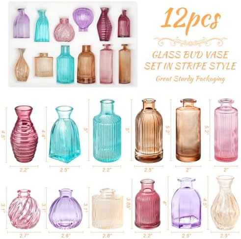 12PCS Mixed Colored Bud Vases Colorful Vintage Flower Vase for Centerpieces - Image 2