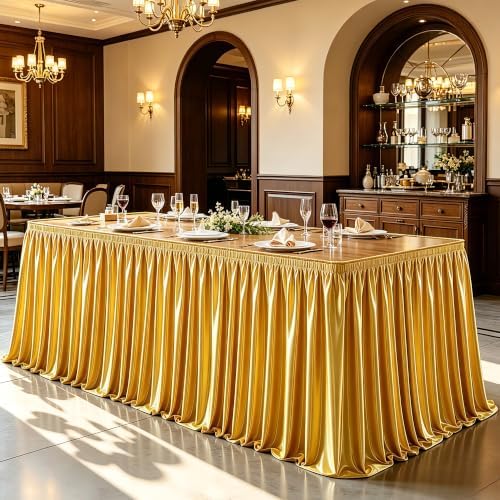 Wish Care 14ft Gold Satin Table Skirt for Rectangle Tables Wrinkle Free Teacher Desk Skirt Glitter Ruffle Table Skirting Cloth for Office Birthday Graduation Cocktail Party Buffet Table Decorations by WishCare