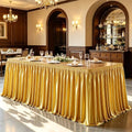 Wish Care 17ft Gold Satin Table Skirt for Rectangle Tables Wrinkle Free Teacher Desk Skirt Glitter Ruffle Table Skirting Cloth for Office Birthday Graduation Cocktail Party Buffet Table Decorations by WishCare