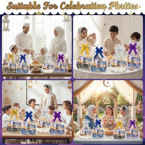 OSNIE Eid Mubarak Gift Bag Empty Baskets - 24 Sets Islamic Eid Gold Lantern and Moon Party Gift Baskets Empty with Cellophane Bags and Ribbons Bows for Festivals Holiday Business Carnival (4 Styles) - Image 6